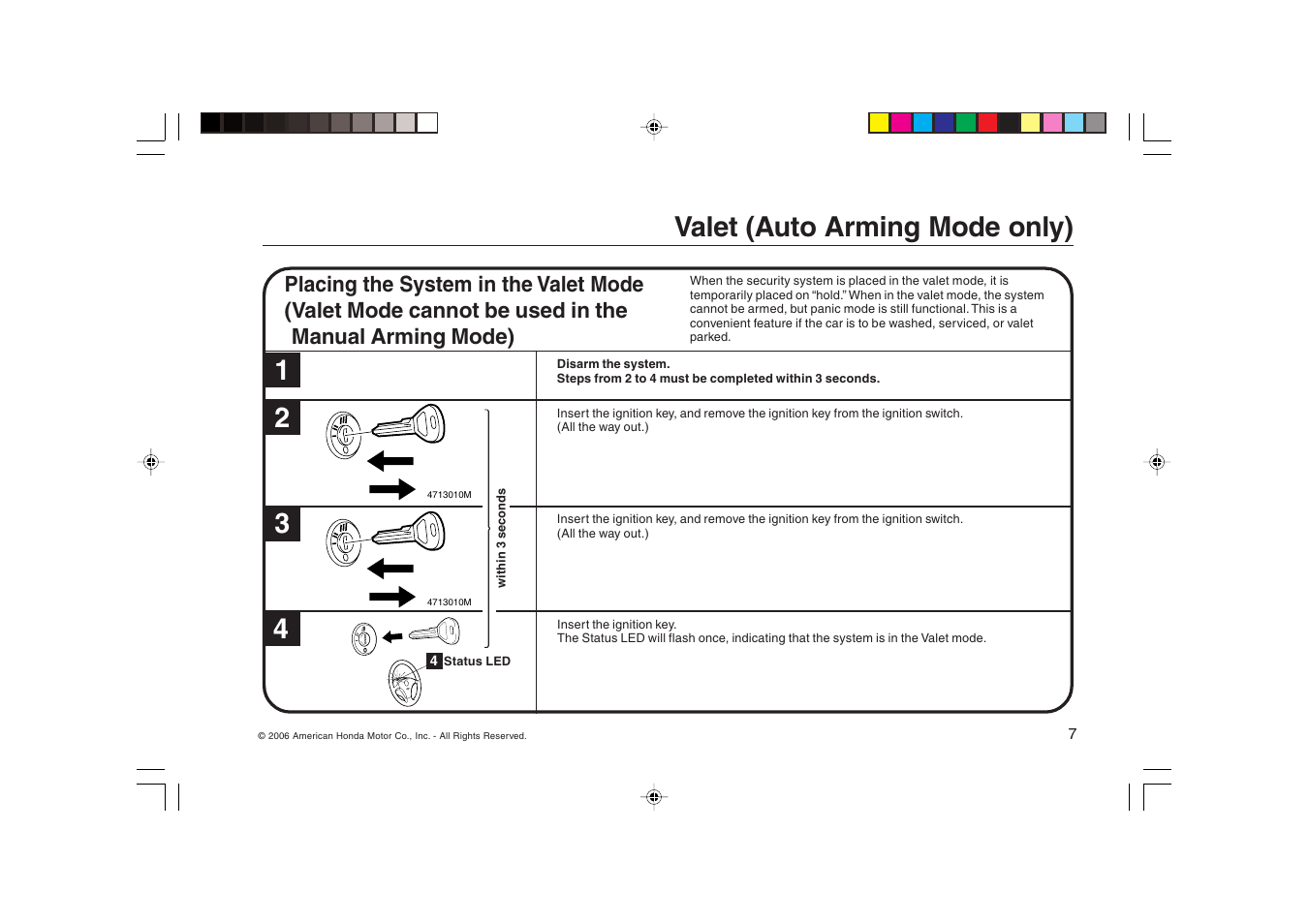 Valet (auto arming mode only) 1 2 3 4 | HONDA Security System 2007 Fit User Manual | Page 7 / 24