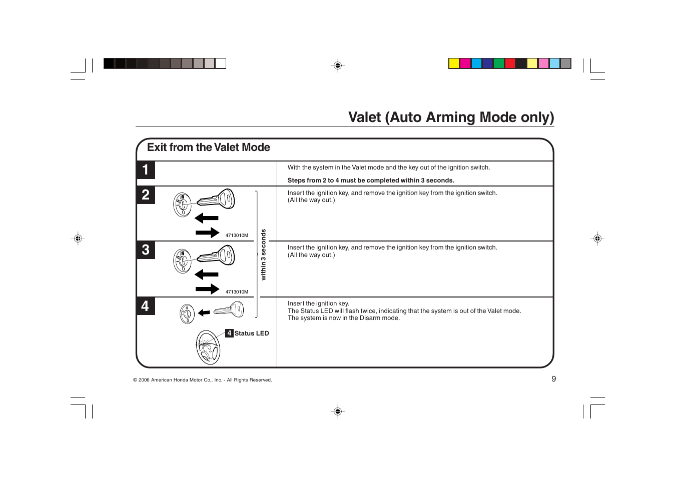 Valet (auto arming mode only) | HONDA Security System 2007 Fit User Manual | Page 9 / 24