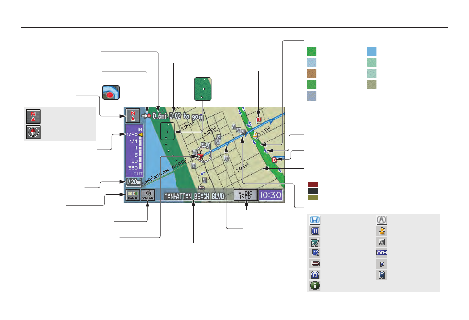 Driving to your destination, Map screen legend | HONDA 2010 Element Navigation User Manual | Page 51 / 153