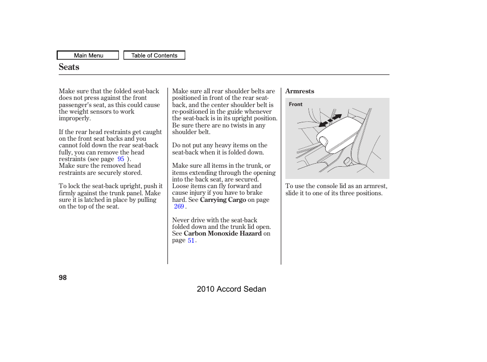 Seats | HONDA 2010 Accord Sedan User Manual | Page 101 / 414