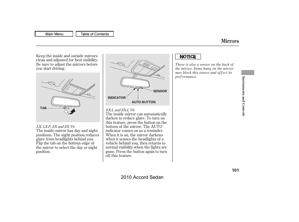 Mirrors, 2010 accord sedan | HONDA 2010 Accord Sedan User Manual | Page 104 / 414