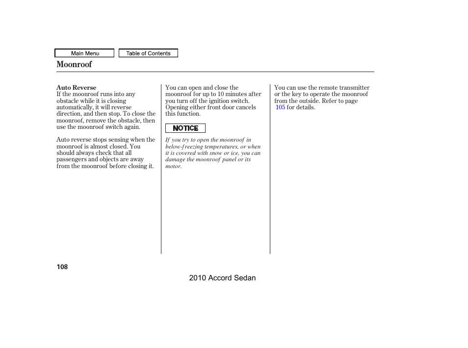 Moonroof | HONDA 2010 Accord Sedan User Manual | Page 111 / 414