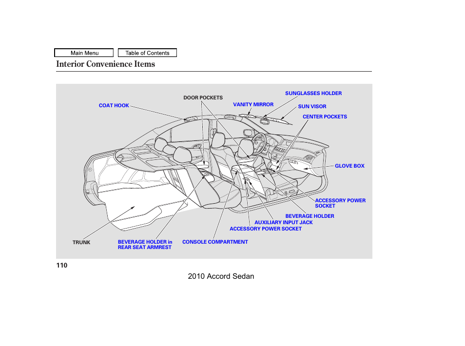 Interior convenience items, 2010 accord sedan | HONDA 2010 Accord Sedan User Manual | Page 113 / 414
