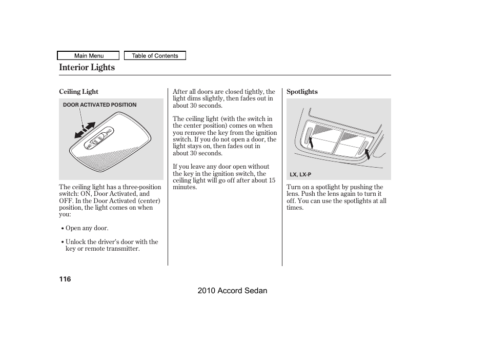 Interior lights | HONDA 2010 Accord Sedan User Manual | Page 119 / 414