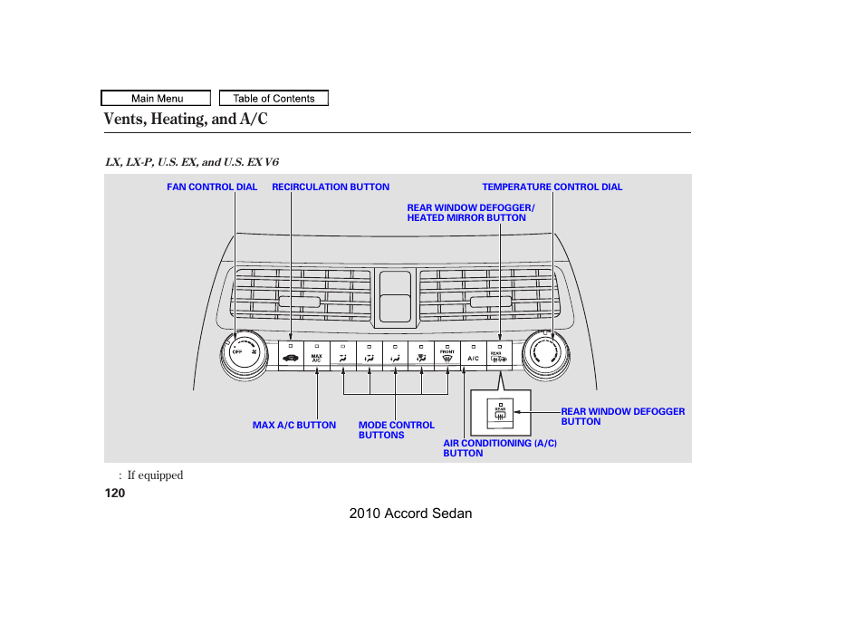 Vents, heating, and a/c, 2010 accord sedan | HONDA 2010 Accord Sedan User Manual | Page 123 / 414