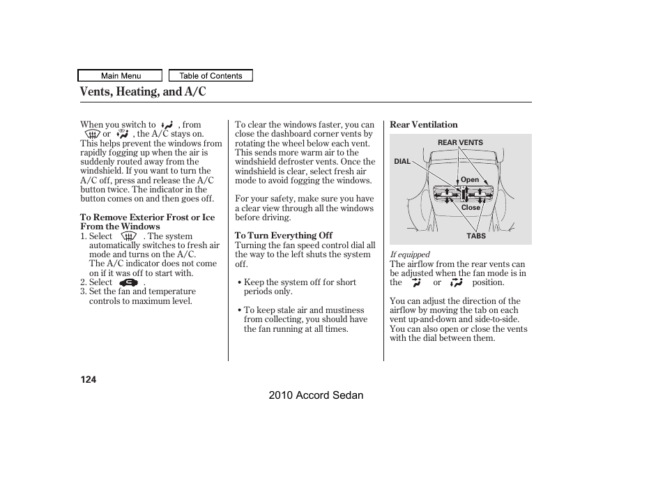 Vents, heating, and a/c | HONDA 2010 Accord Sedan User Manual | Page 127 / 414