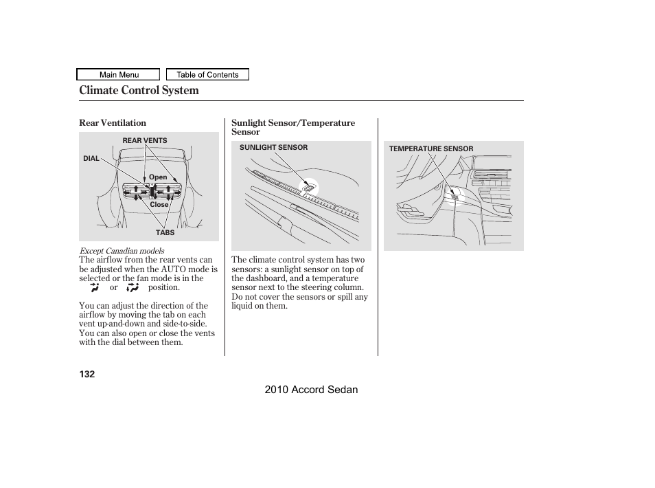 Climate control system | HONDA 2010 Accord Sedan User Manual | Page 135 / 414