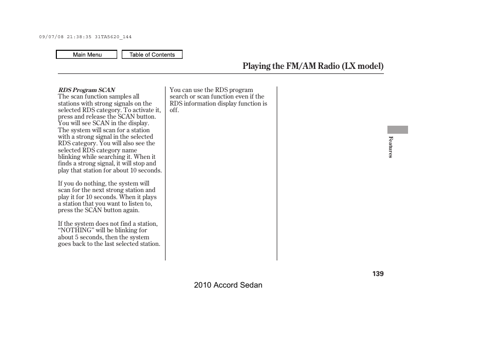 Playing the fm/am radio (lx model) | HONDA 2010 Accord Sedan User Manual | Page 142 / 414