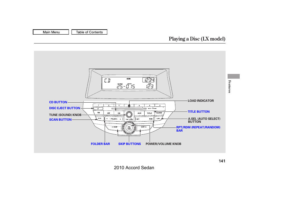 Playing a disc (lx model), 2010 accord sedan | HONDA 2010 Accord Sedan User Manual | Page 144 / 414