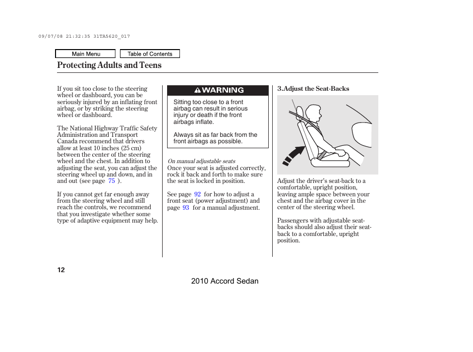 Protecting adults and teens | HONDA 2010 Accord Sedan User Manual | Page 15 / 414
