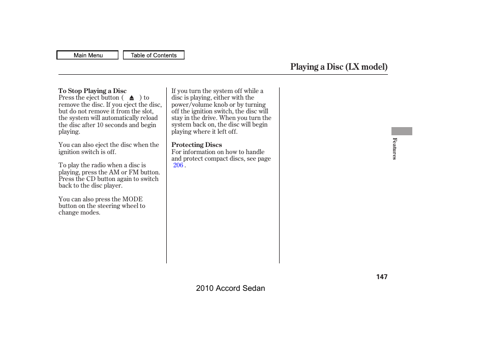 Disc eject button, Playing a disc (lx model) | HONDA 2010 Accord Sedan User Manual | Page 150 / 414