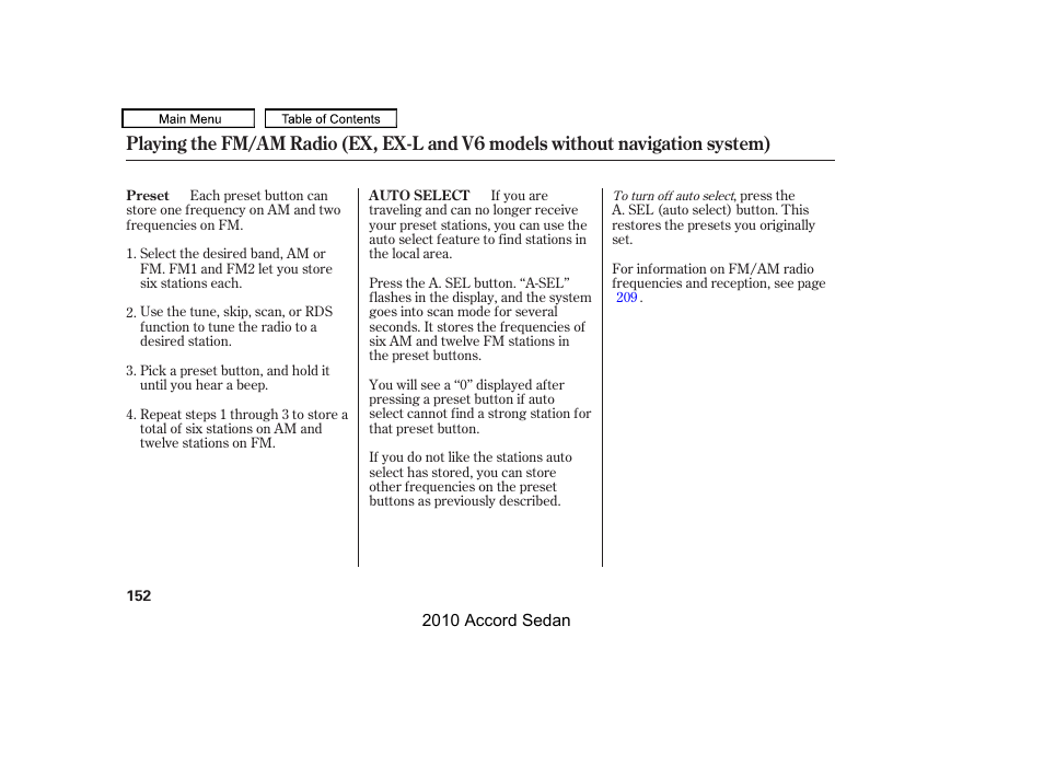 Preset buttons, A.sel (auto select) button | HONDA 2010 Accord Sedan User Manual | Page 155 / 414