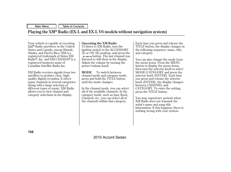 Xm radio button, Title button | HONDA 2010 Accord Sedan User Manual | Page 161 / 414