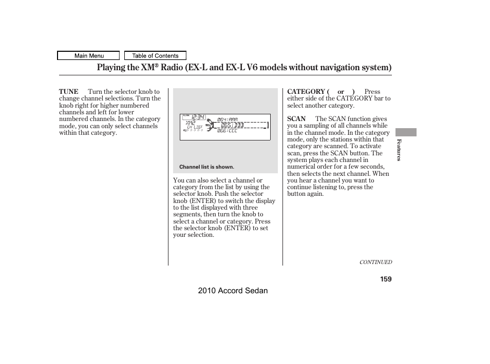 Category bar, Scan button | HONDA 2010 Accord Sedan User Manual | Page 162 / 414