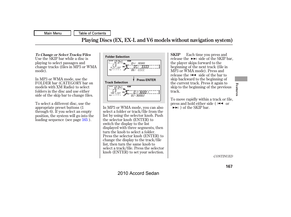 Skip bar, Folder bar, Category bar | HONDA 2010 Accord Sedan User Manual | Page 170 / 414