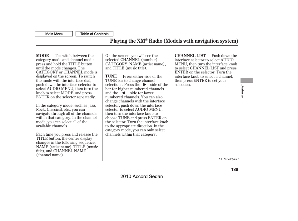 Tune bar, Title button | HONDA 2010 Accord Sedan User Manual | Page 192 / 414