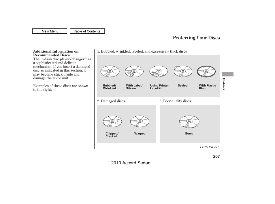 Protecting your discs, 2010 accord sedan | HONDA 2010 Accord Sedan User Manual | Page 210 / 414