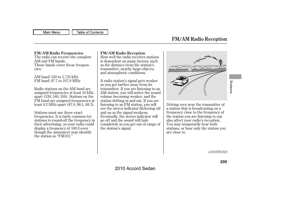 Fm/am radio reception | HONDA 2010 Accord Sedan User Manual | Page 212 / 414