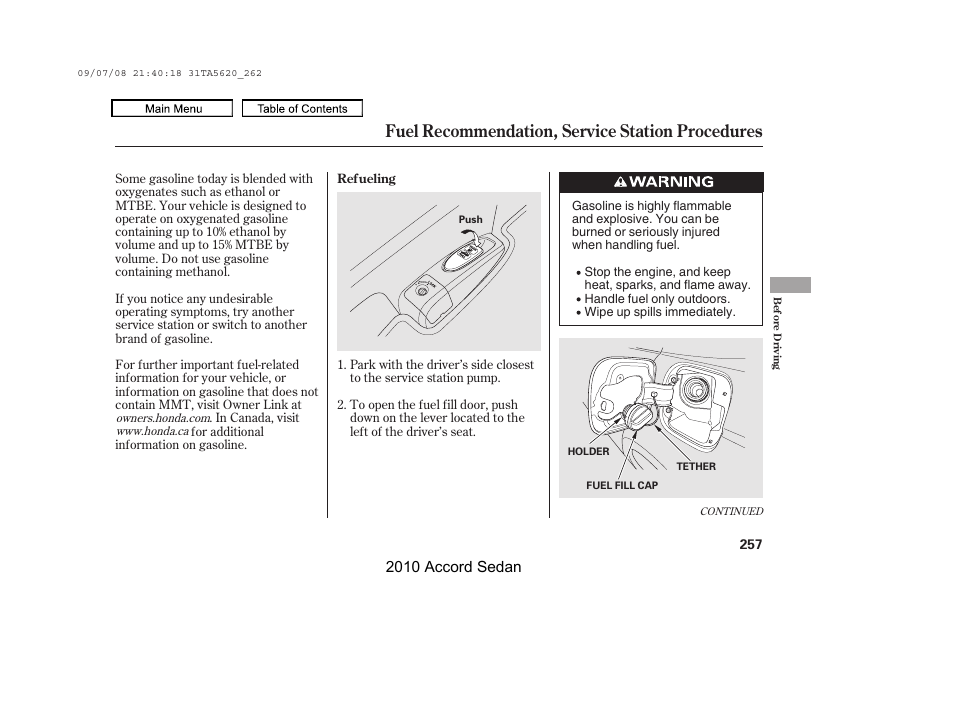 Fuel recommendation, service station procedures, 2010 accord sedan | HONDA 2010 Accord Sedan User Manual | Page 260 / 414