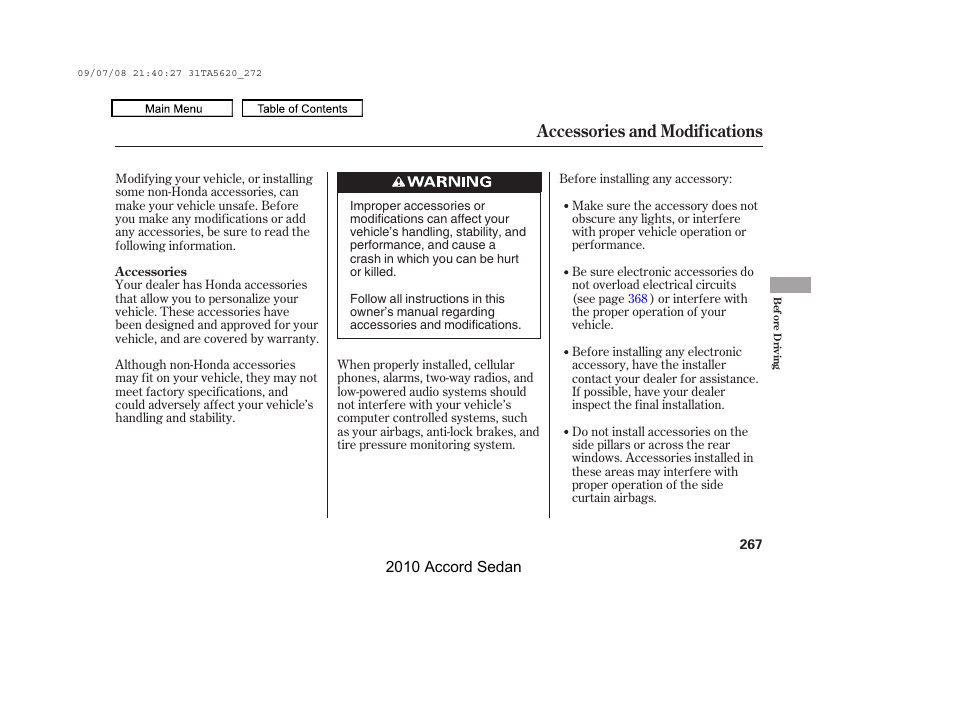 Accessories and modifications | HONDA 2010 Accord Sedan User Manual | Page 270 / 414