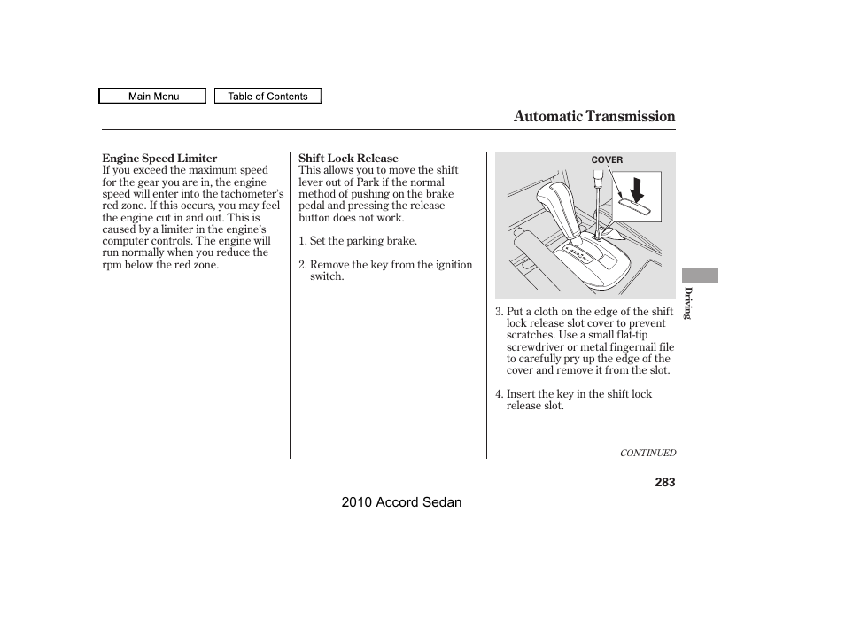 Automatic transmission | HONDA 2010 Accord Sedan User Manual | Page 286 / 414