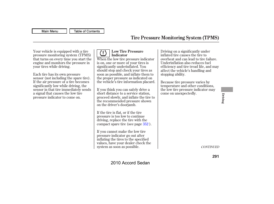 Tire pressure monitoring system (tpms) | HONDA 2010 Accord Sedan User Manual | Page 294 / 414