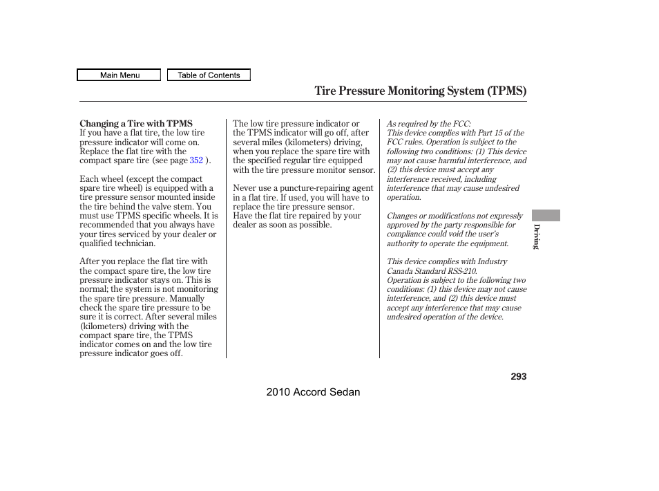 Tire pressure monitoring system (tpms) | HONDA 2010 Accord Sedan User Manual | Page 296 / 414