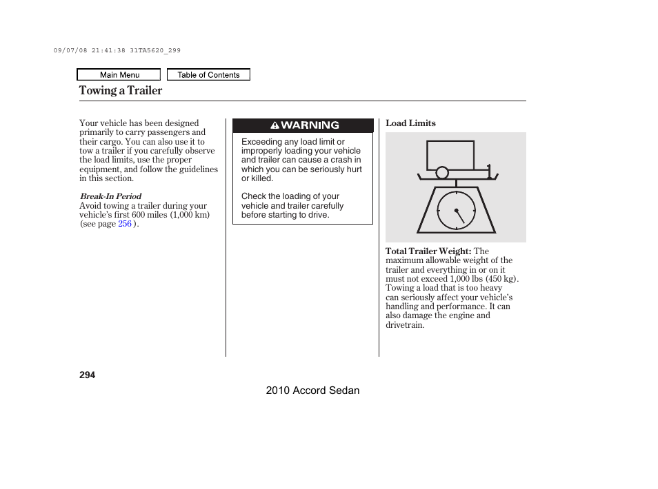 Towing a trailer | HONDA 2010 Accord Sedan User Manual | Page 297 / 414