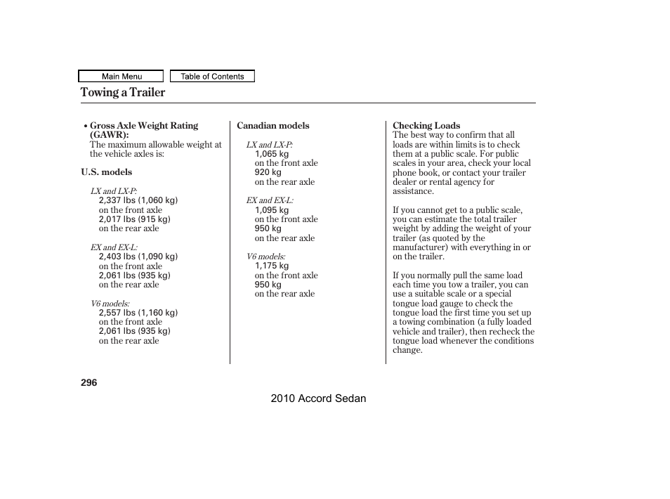 Towing a trailer | HONDA 2010 Accord Sedan User Manual | Page 299 / 414