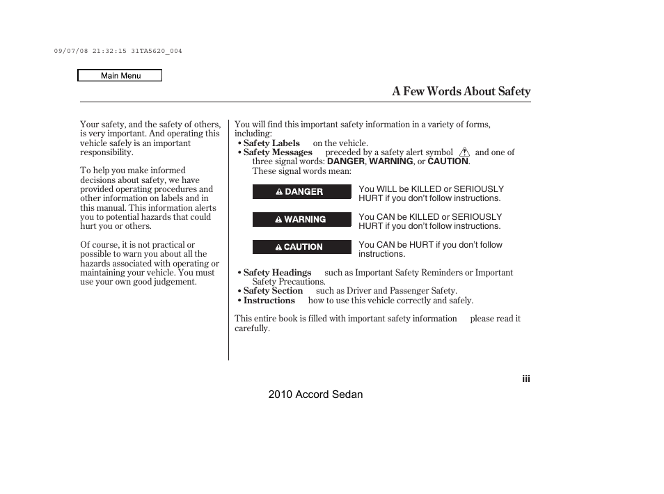 A few words about safety | HONDA 2010 Accord Sedan User Manual | Page 3 / 414