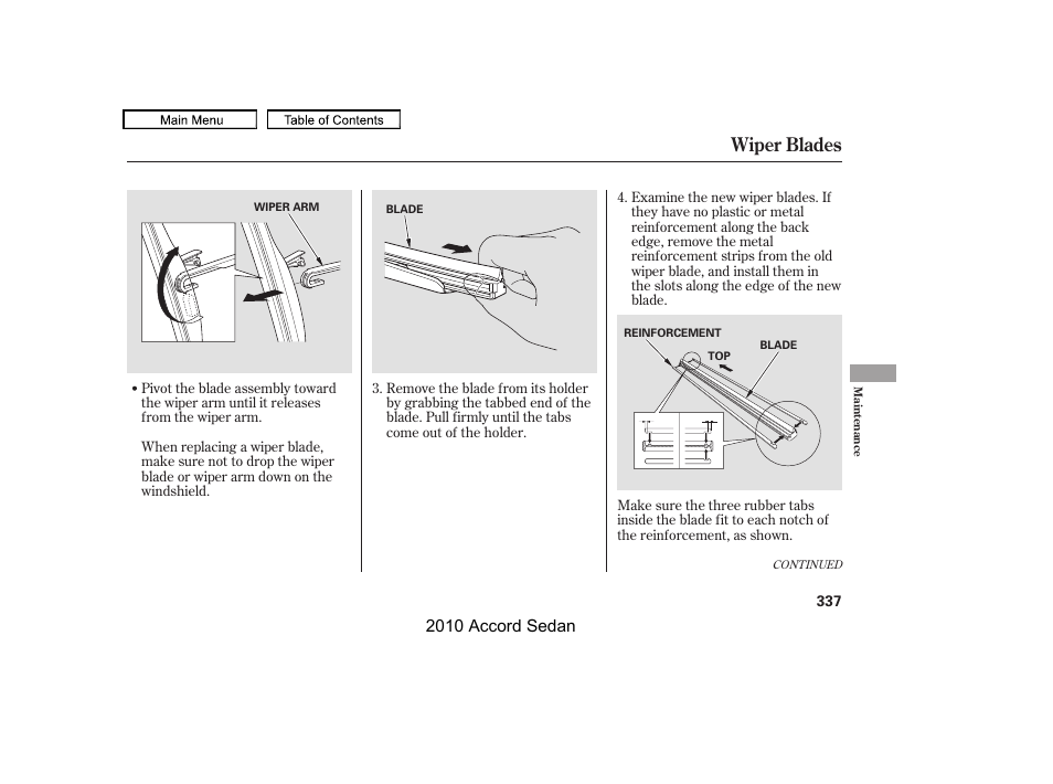 Wiper blades, 2010 accord sedan | HONDA 2010 Accord Sedan User Manual | Page 340 / 414