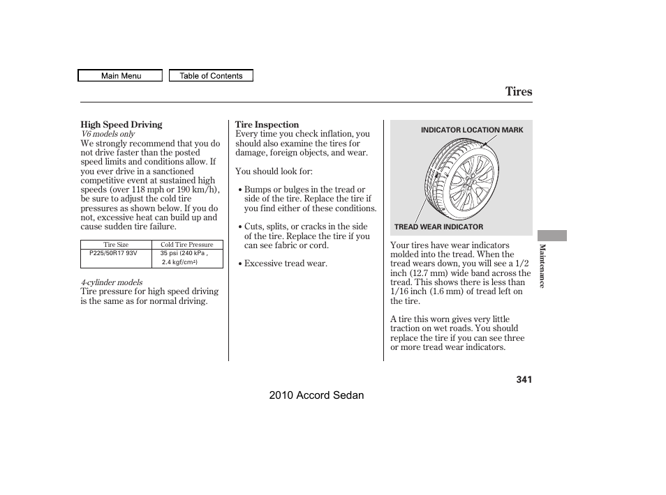 Tires, 2010 accord sedan | HONDA 2010 Accord Sedan User Manual | Page 344 / 414