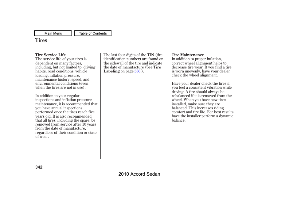 Tires | HONDA 2010 Accord Sedan User Manual | Page 345 / 414