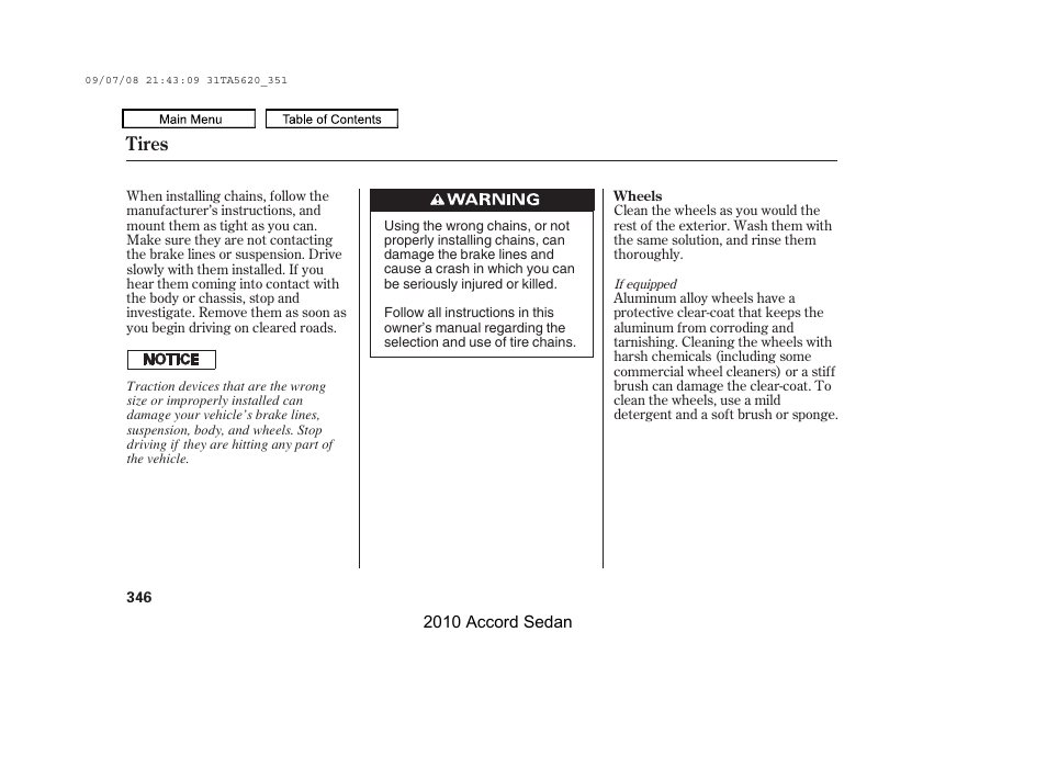 Tires | HONDA 2010 Accord Sedan User Manual | Page 349 / 414