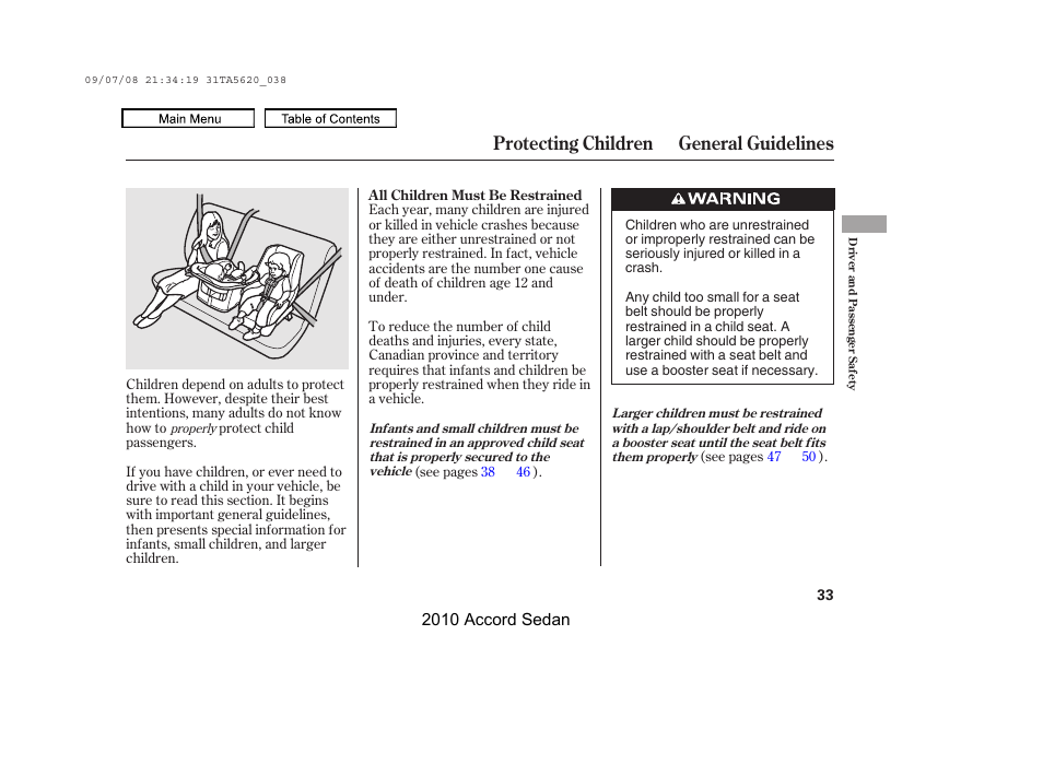 Protecting children general guidelines | HONDA 2010 Accord Sedan User Manual | Page 36 / 414