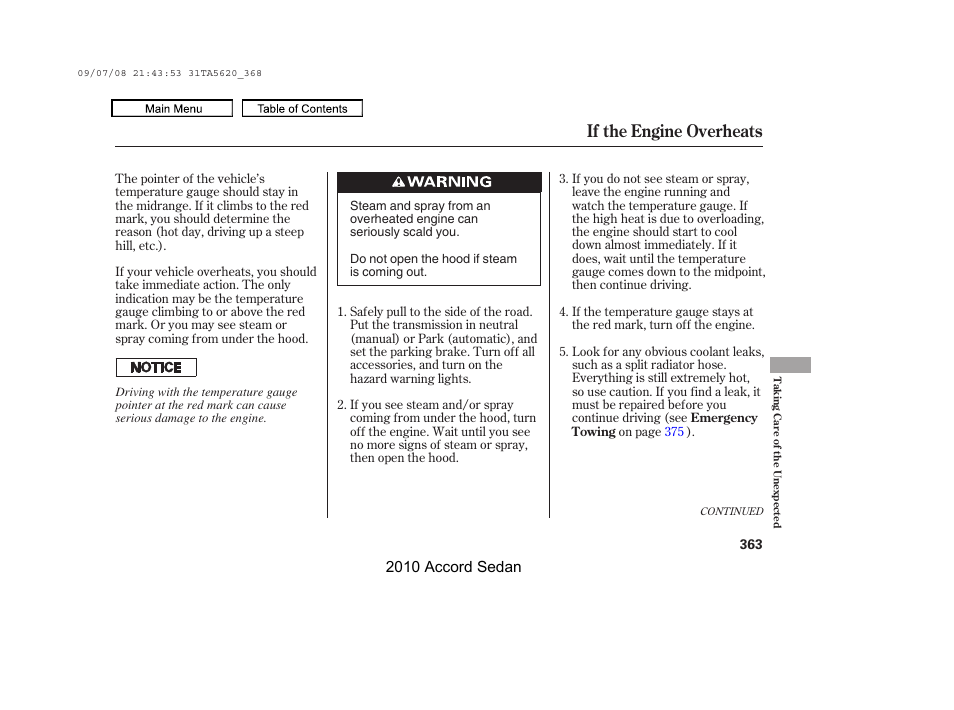 If the engine overheats, 2010 accord sedan | HONDA 2010 Accord Sedan User Manual | Page 366 / 414