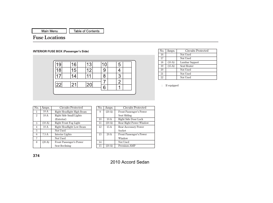 Fuse locations, 2010 accord sedan | HONDA 2010 Accord Sedan User Manual | Page 377 / 414