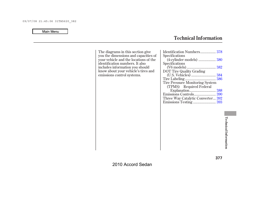 Technical information | HONDA 2010 Accord Sedan User Manual | Page 380 / 414