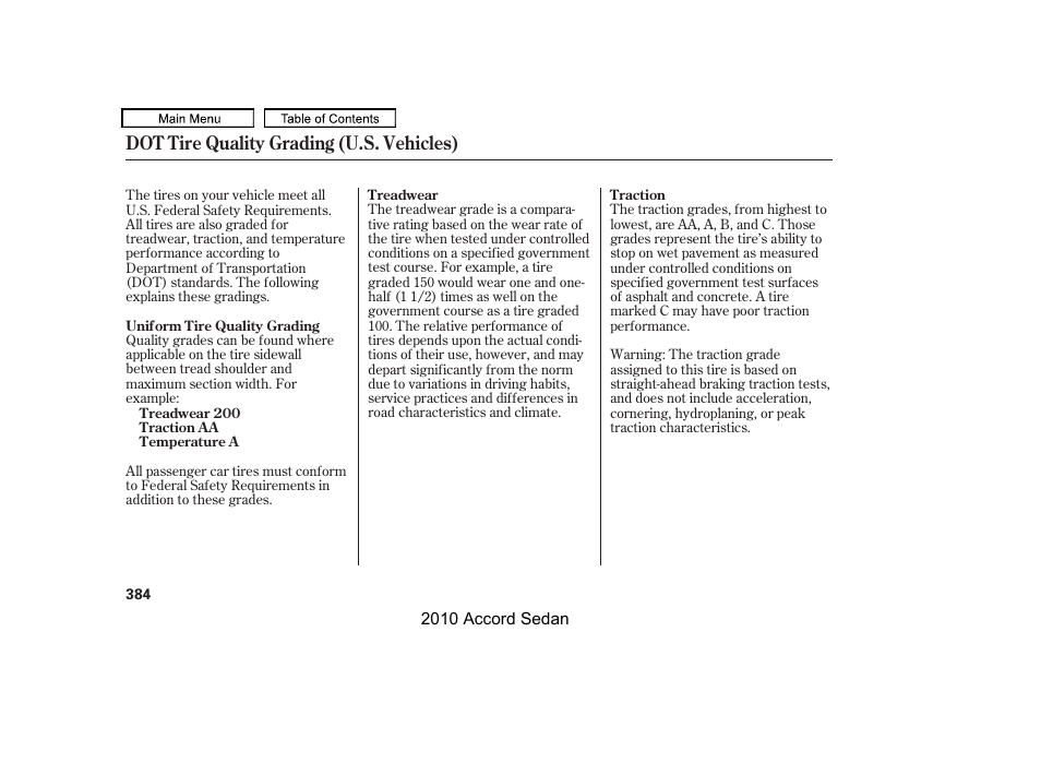 Dot tire quality grading (u.s. vehicles) | HONDA 2010 Accord Sedan User Manual | Page 387 / 414