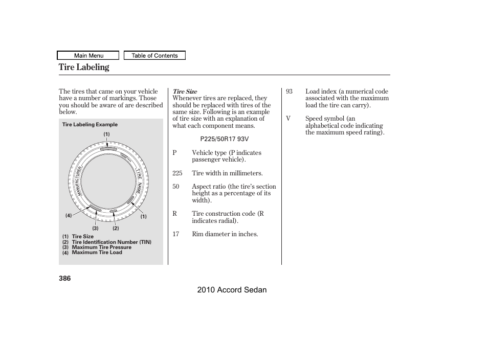 Tire labeling | HONDA 2010 Accord Sedan User Manual | Page 389 / 414