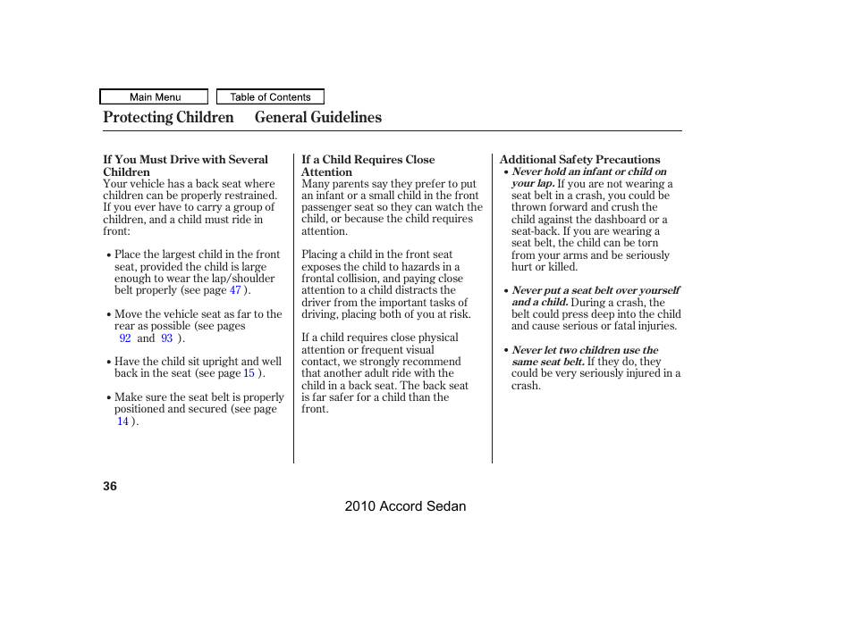 Protecting children general guidelines | HONDA 2010 Accord Sedan User Manual | Page 39 / 414