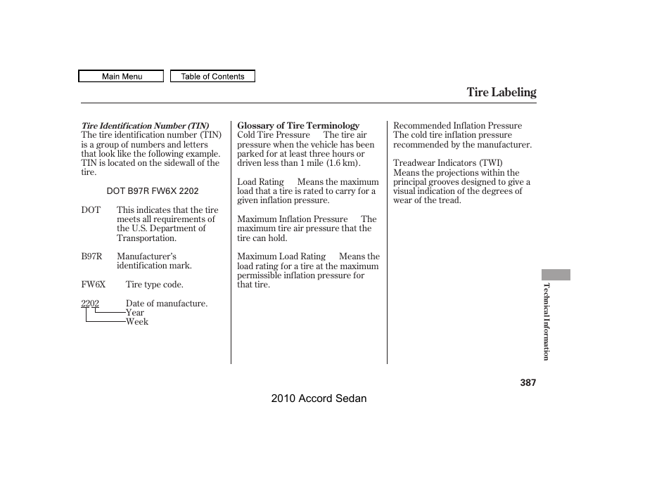 Tire labeling | HONDA 2010 Accord Sedan User Manual | Page 390 / 414