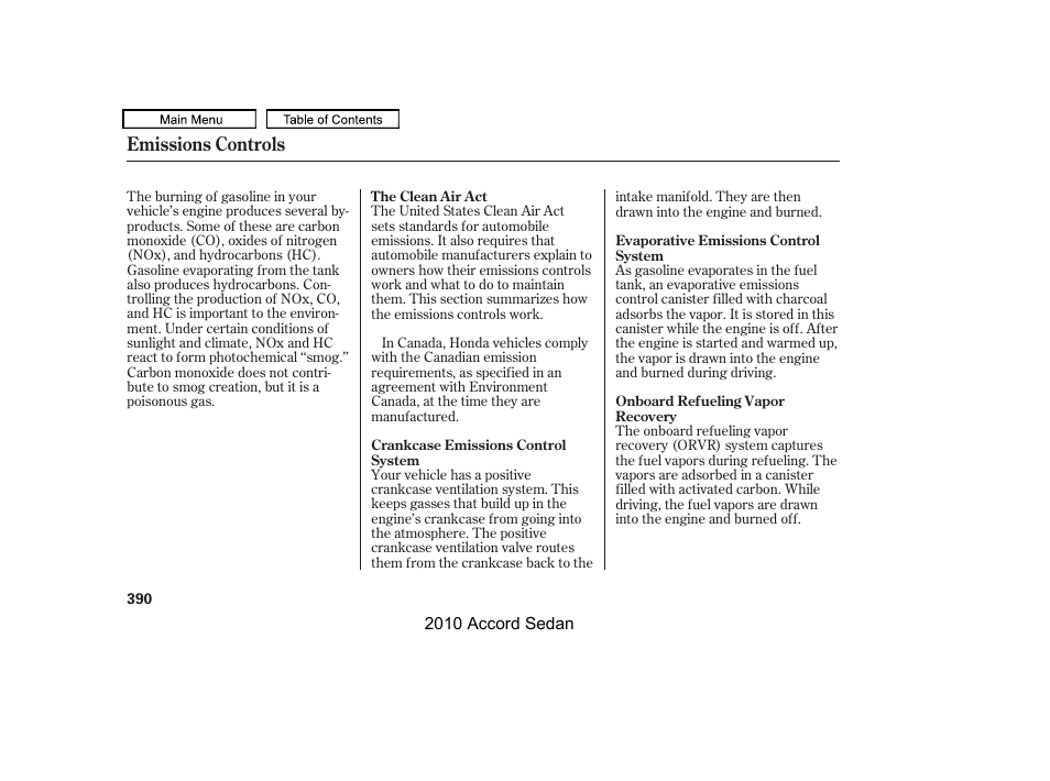 Emissions controls | HONDA 2010 Accord Sedan User Manual | Page 393 / 414