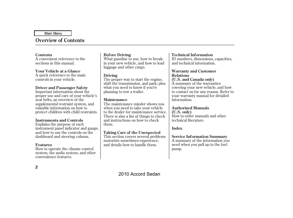 Overview of contents | HONDA 2010 Accord Sedan User Manual | Page 5 / 414