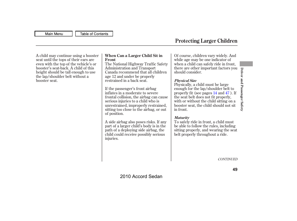 Protecting larger children | HONDA 2010 Accord Sedan User Manual | Page 52 / 414