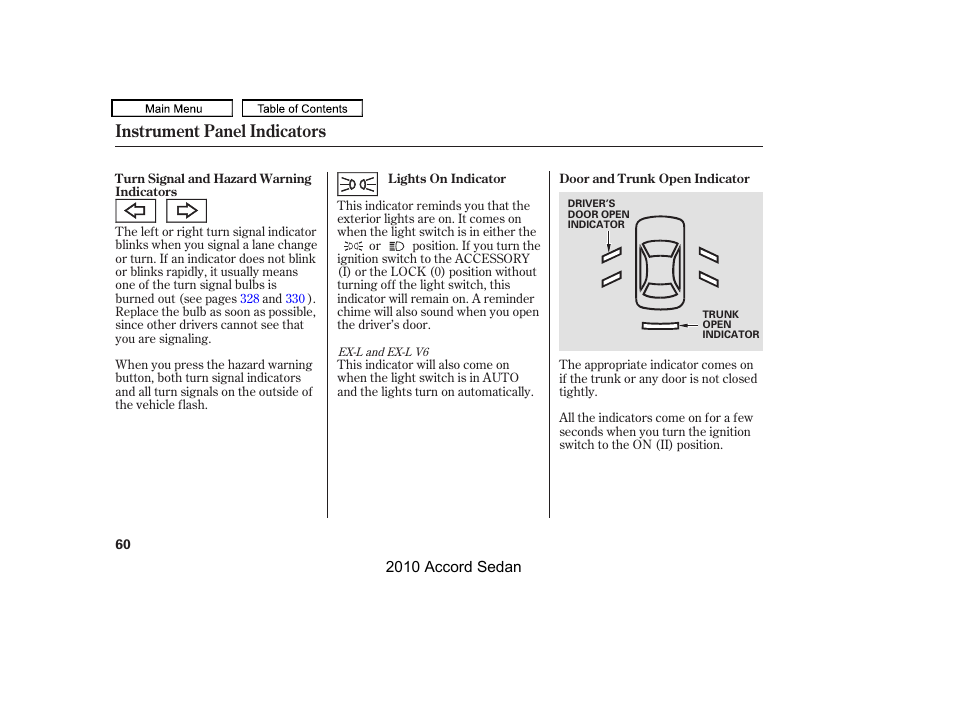 Stop 11.20, Instrument panel indicators | HONDA 2010 Accord Sedan User Manual | Page 63 / 414