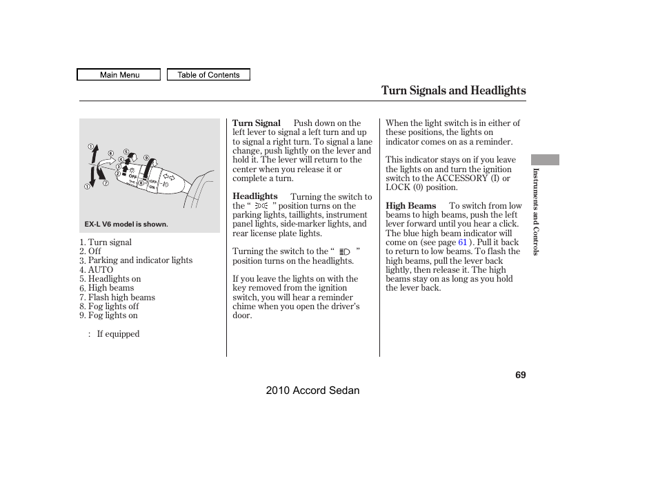 Turn signals and headlights | HONDA 2010 Accord Sedan User Manual | Page 72 / 414