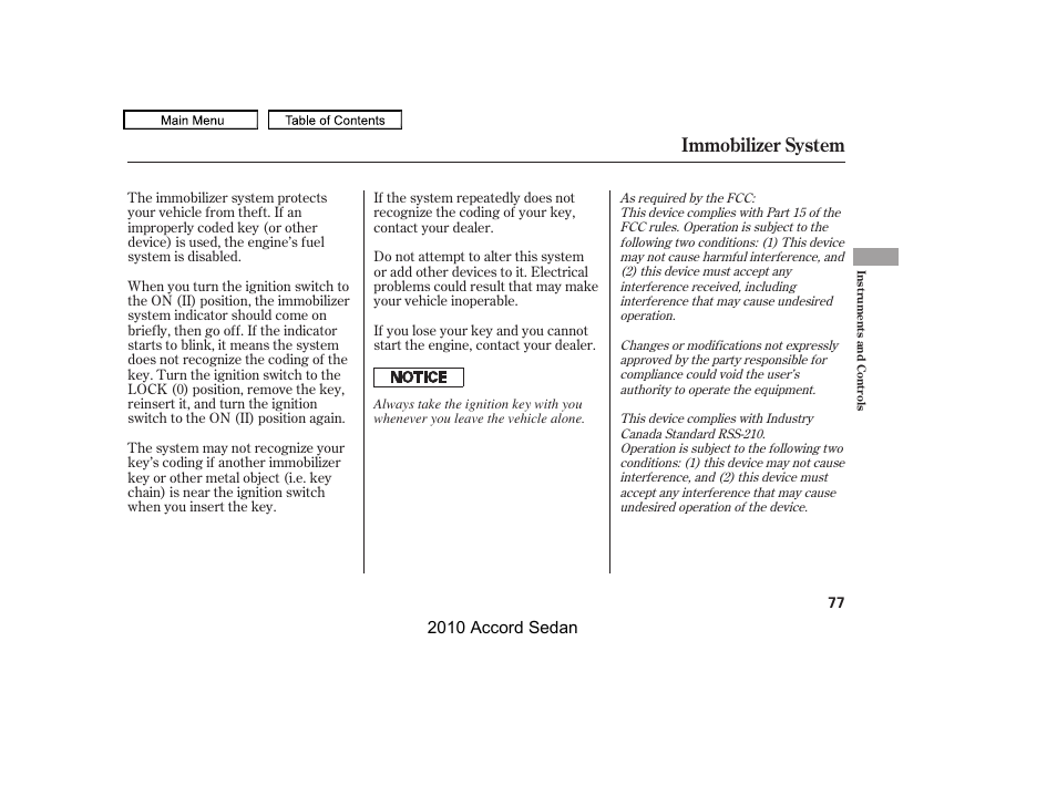 Immobilizer system, 2010 accord sedan | HONDA 2010 Accord Sedan User Manual | Page 80 / 414