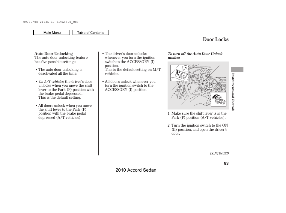 Door locks, 2010 accord sedan | HONDA 2010 Accord Sedan User Manual | Page 86 / 414