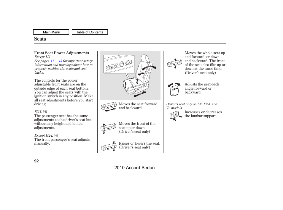 Seats | HONDA 2010 Accord Sedan User Manual | Page 95 / 414